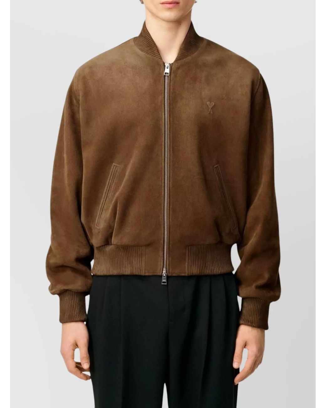 AMI Brown Leather Ribbed Bomber Jacket for men