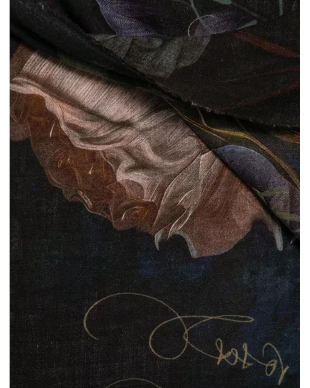 Faliero Sarti Black Cashmere Floral Print Fine Knit Scarf