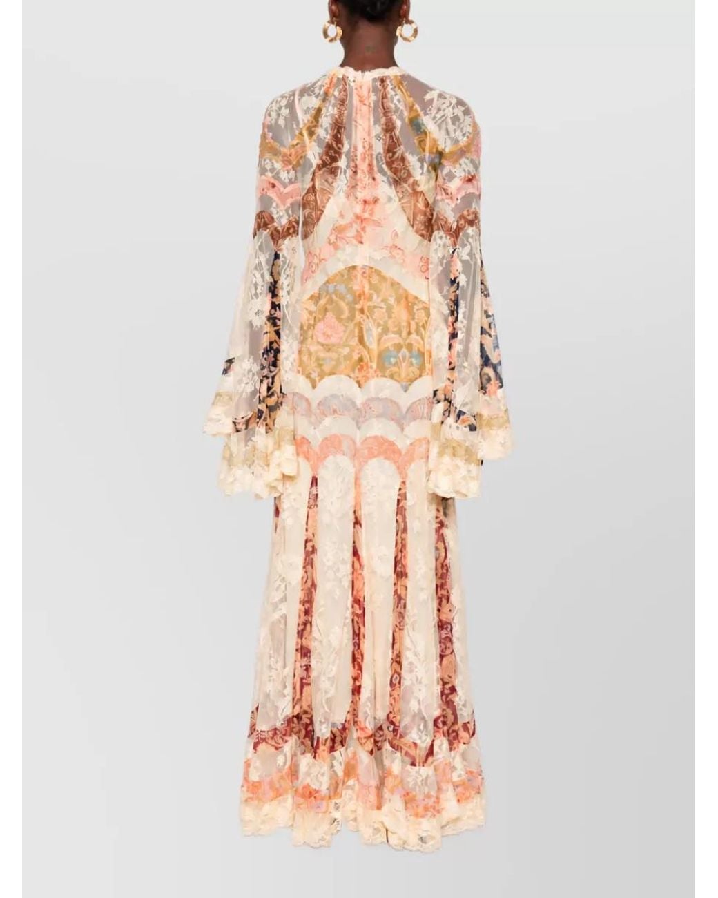 Zimmermann Pink Floral-Print Lace-Paneled High-Neck Long-Sleeve Flared-Hem Maxi Dress