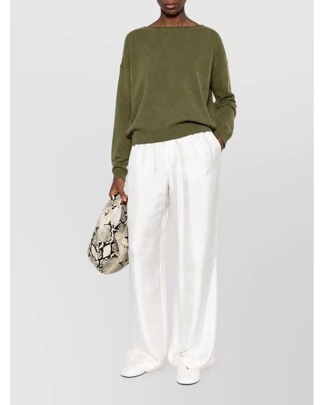 C.t. Plage Green Cashmere Fine-Knit Boat Neck Long-Sleeve Sweater