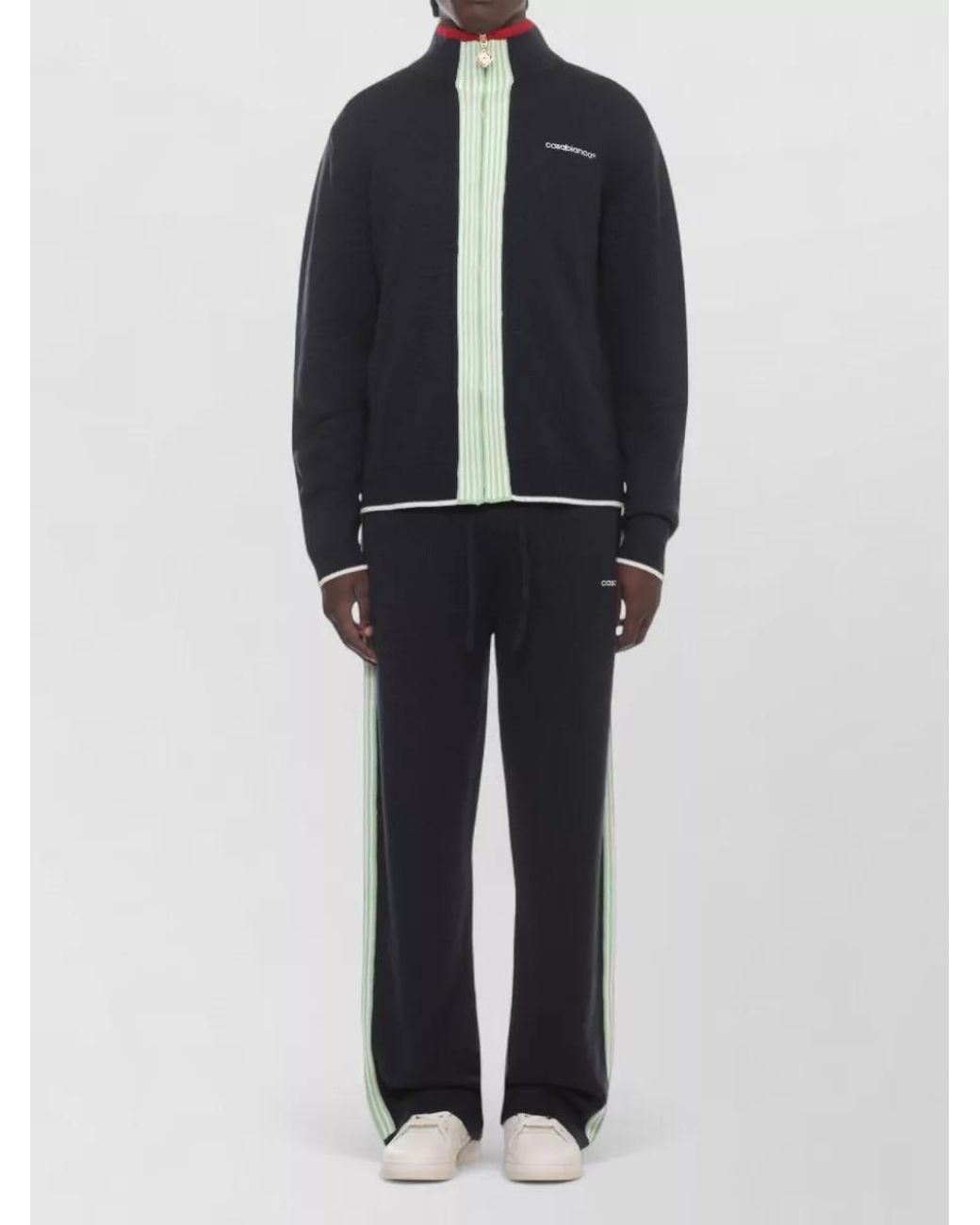 Casablanca Blue Merino Wool Ribbed High-Neck Zip Jacket for men