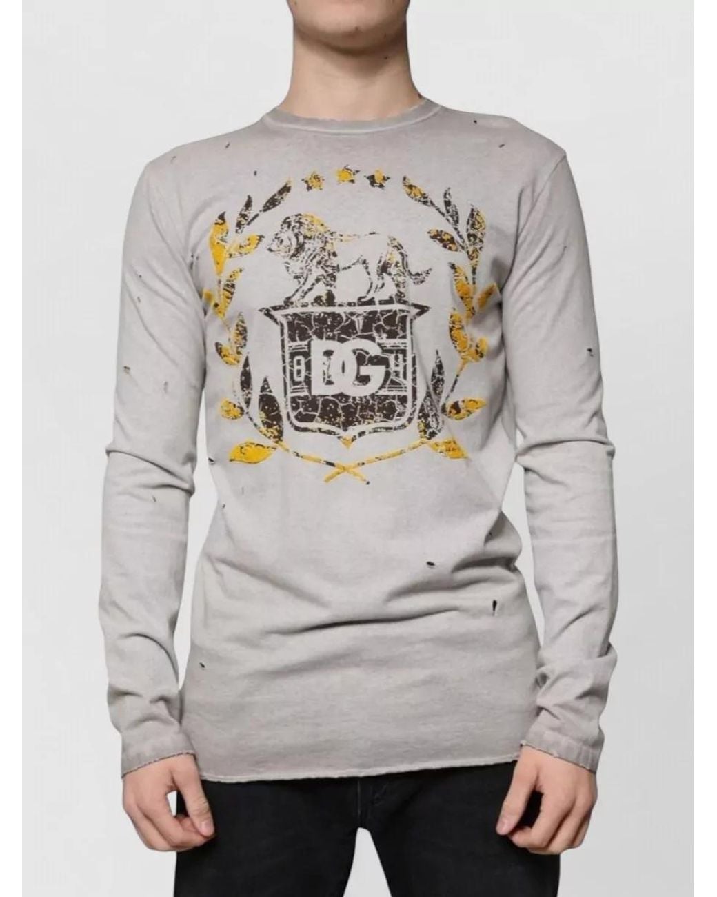 Dolce & Gabbana Gray Cotton Printed Crewneck Long-Sleeve T-Shirt for men
