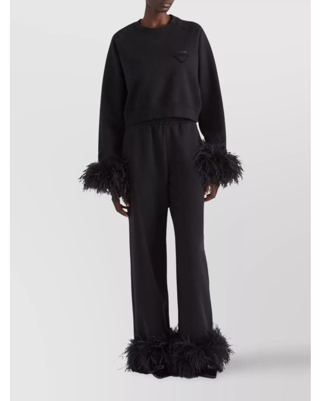 Prada Black Feather Trim High-Rise Wide-Leg Trousers