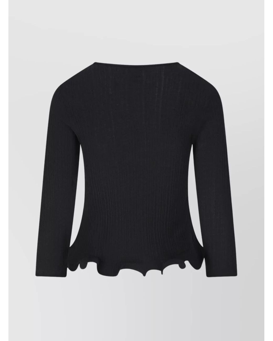Fendi Blue Virgin Wool Ribbed Fitted V-Neck Long-Sleeve Ruffled Top