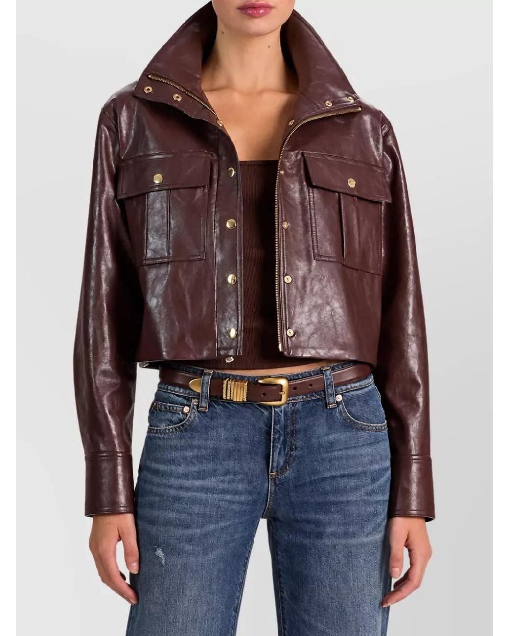 Alice + Olivia Brown Cropped Funnel Neck Vegan Leather Jacket