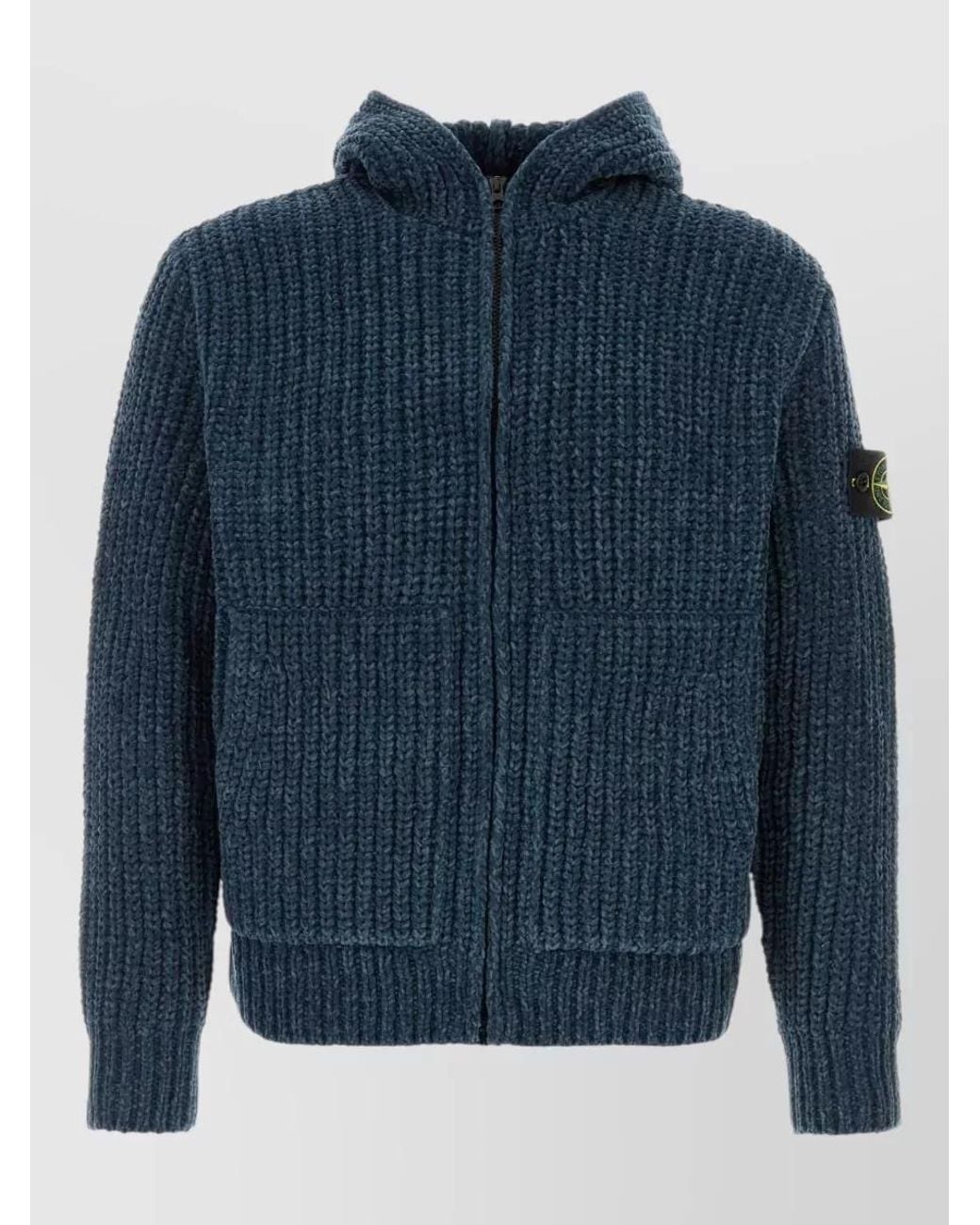 Stone Island Blue Ribbed Hooded Zip-Up Cardigan for men