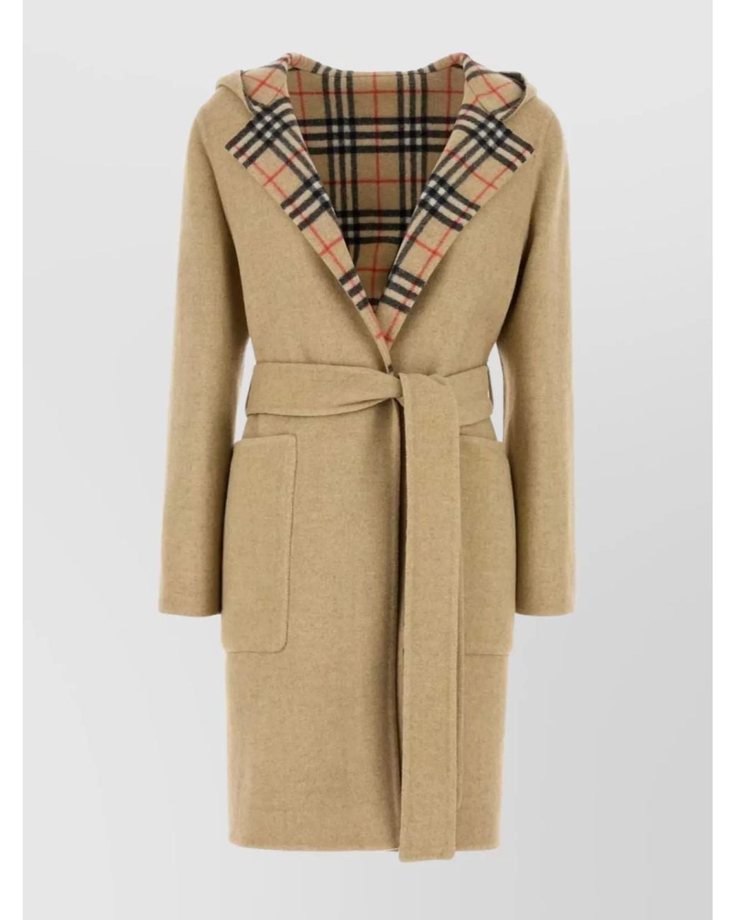 Burberry Natural Wool Hooded Reversible Belted Single Breasted Coat
