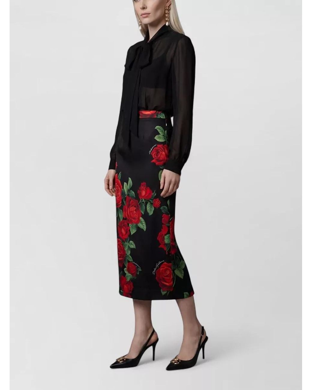 Dolce & Gabbana White Silk High-Rise Floral-Print Midi Skirt