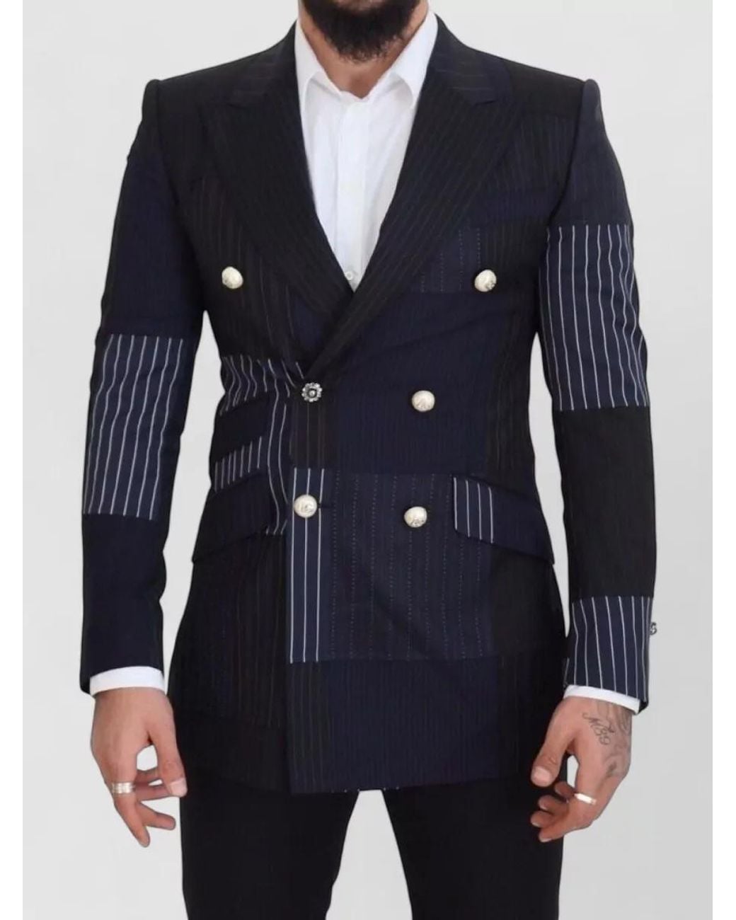 Dolce & Gabbana Blue Silk Patchwork Double-Breasted Blazer for men