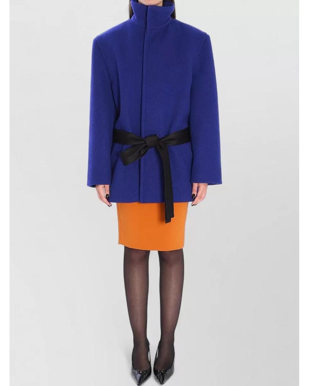 Saint Laurent Blue Wool Belted Single-Breasted Coat