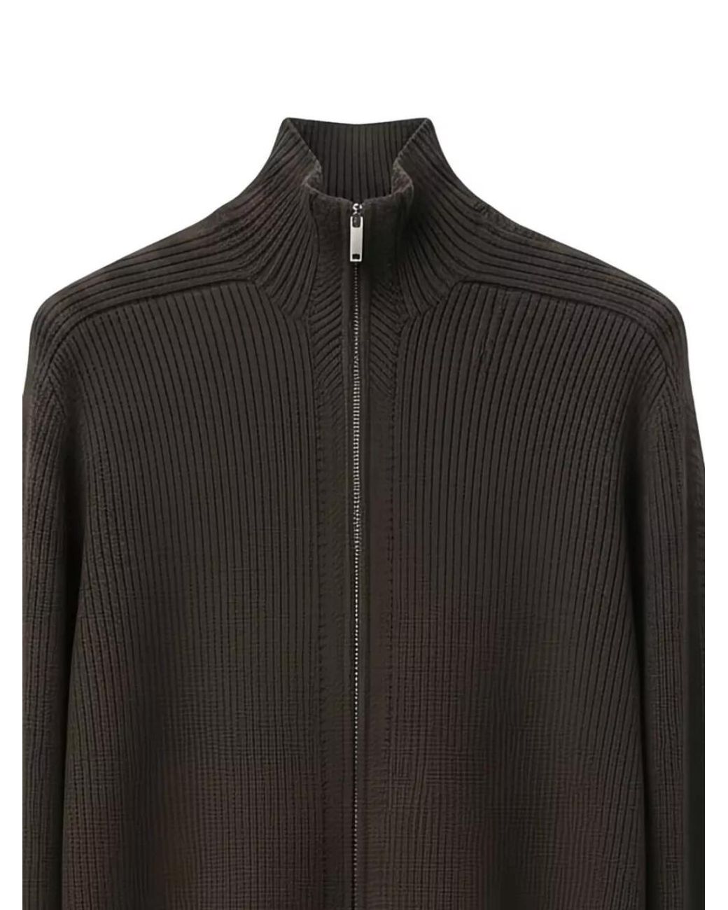 Emporio Armani Black Ribbed Virgin Wool High Neck Zip-Up Cardigan for men