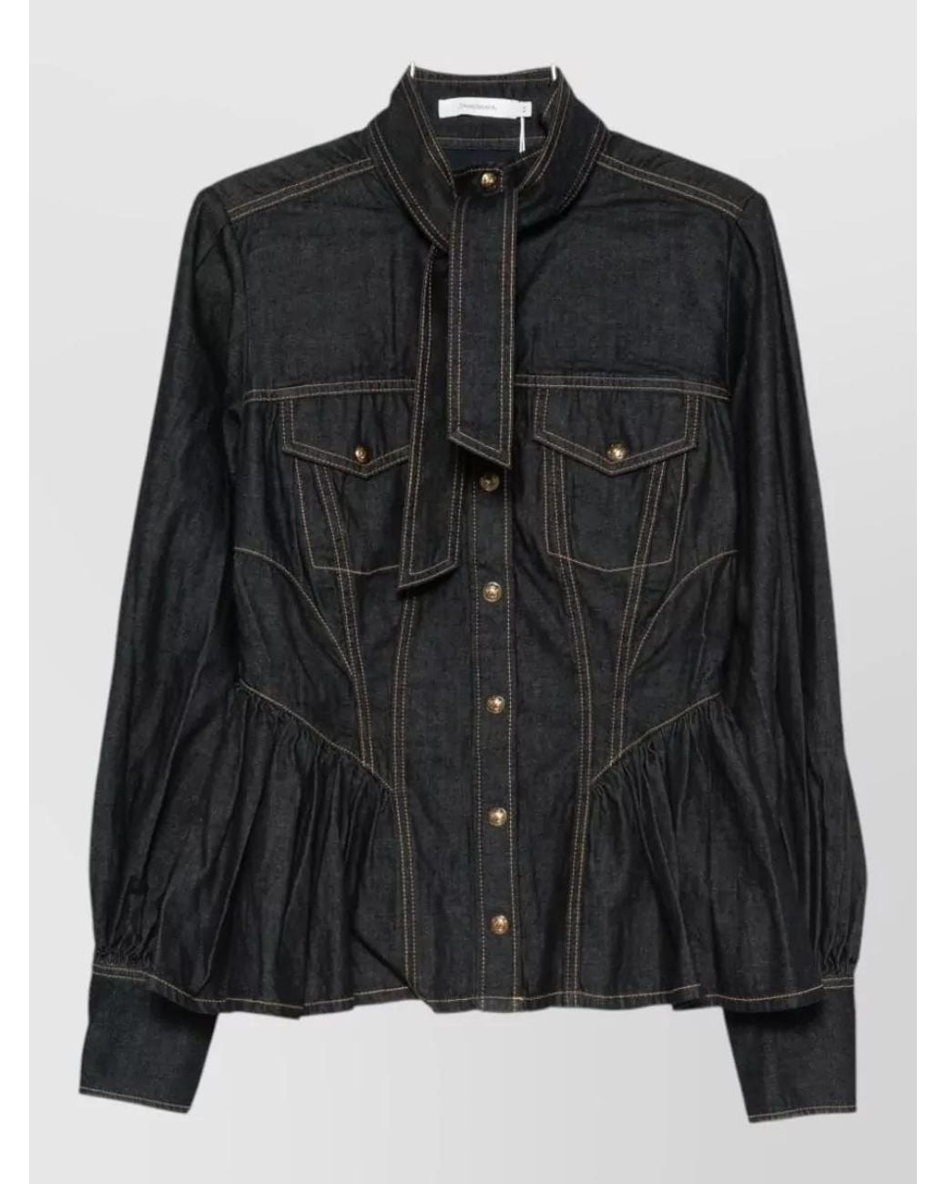 Zimmermann Black Denim Fitted Pussy-Bow Peplum Shirt