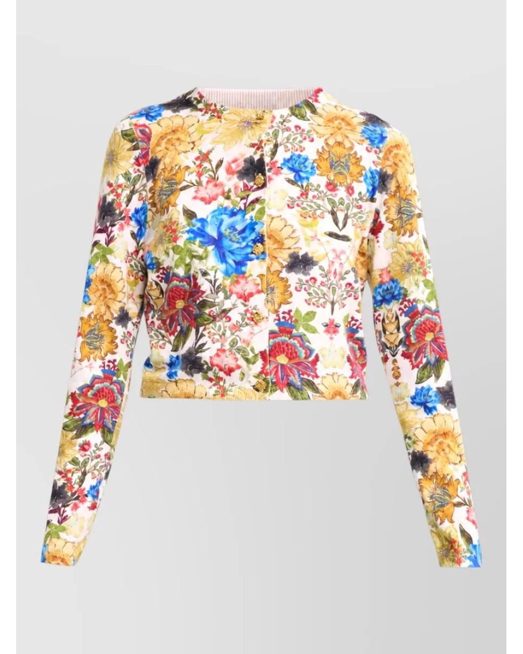 Alice + Olivia White Floral Print Ribbed Trim Cropped Jacket