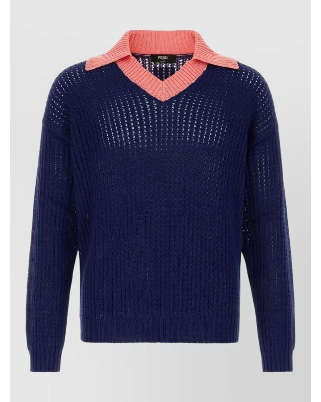 Fendi Blue Cotton Cable-Knit V-Neck Sweater for men