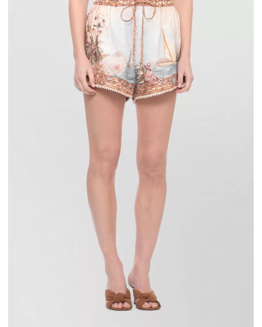 Zimmermann Natural Linen Printed Cropped Shorts