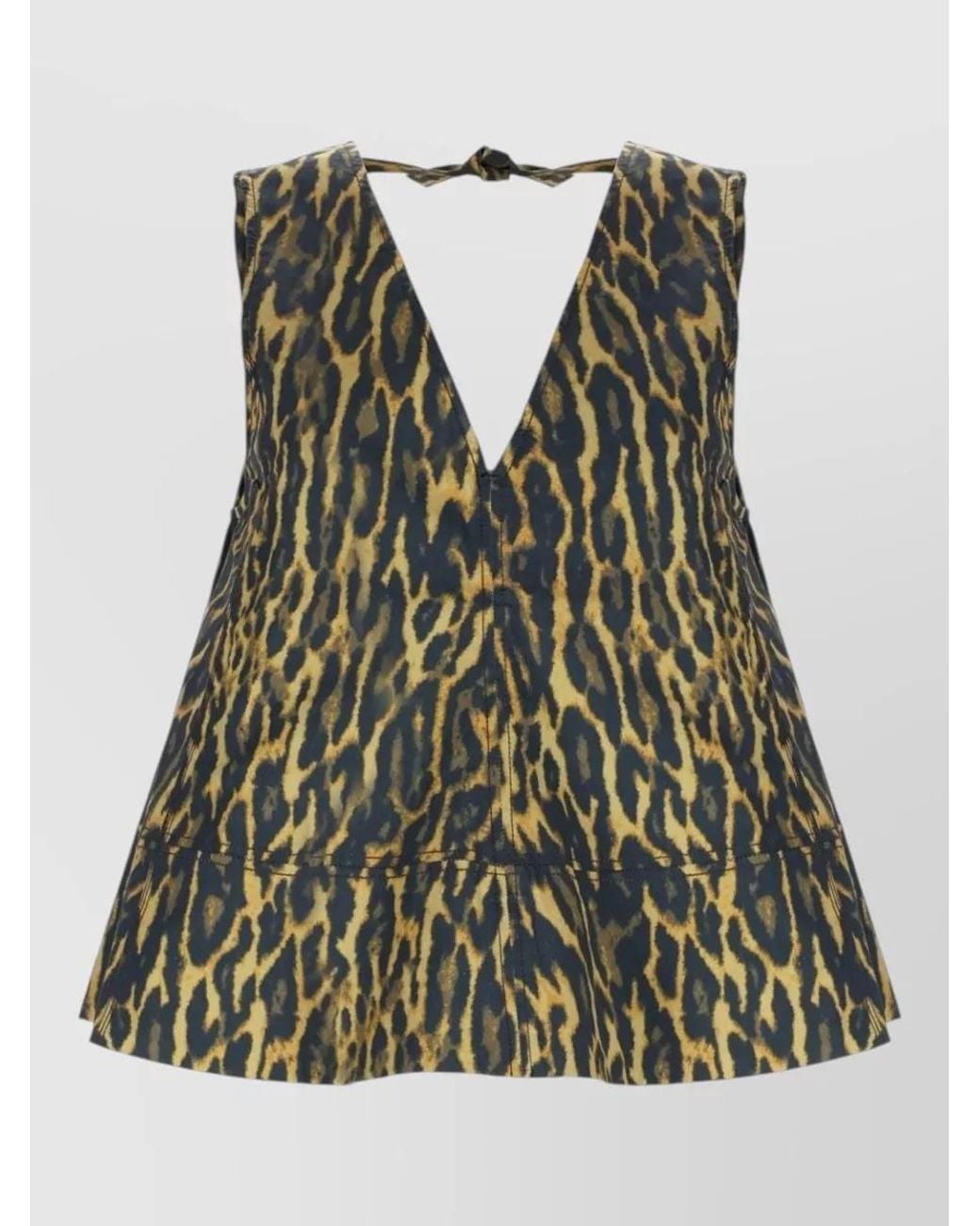 Ganni Green Leopard-Print V-Neck Cotton Top