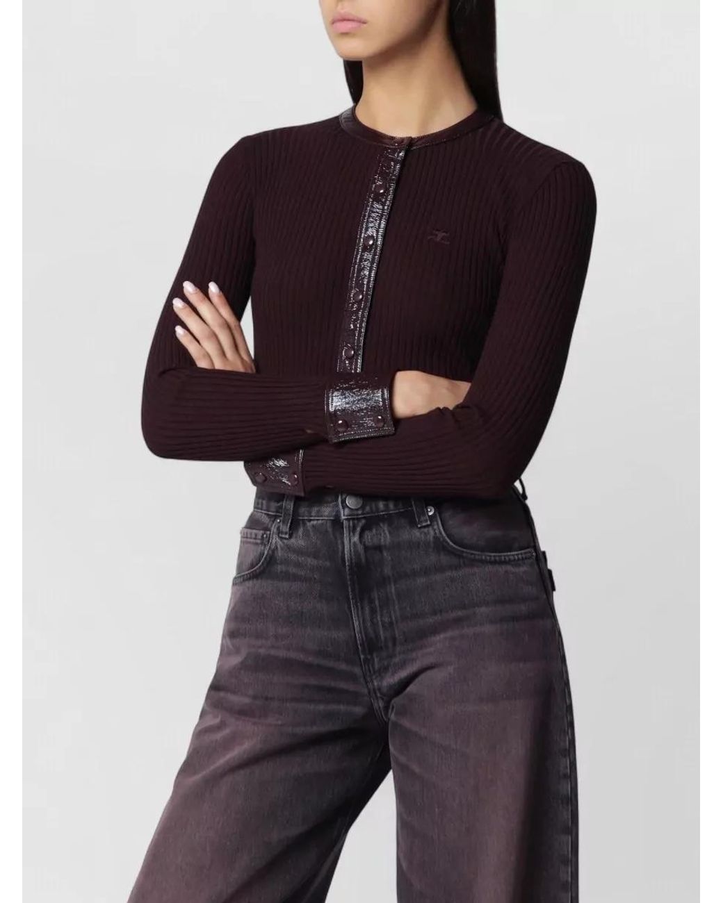 Courreges Blue Ribbed Knit Vinyl Trim Cardigan