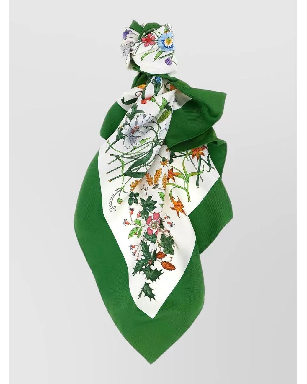 Gucci Green Silk Floral Print Logo Foulard