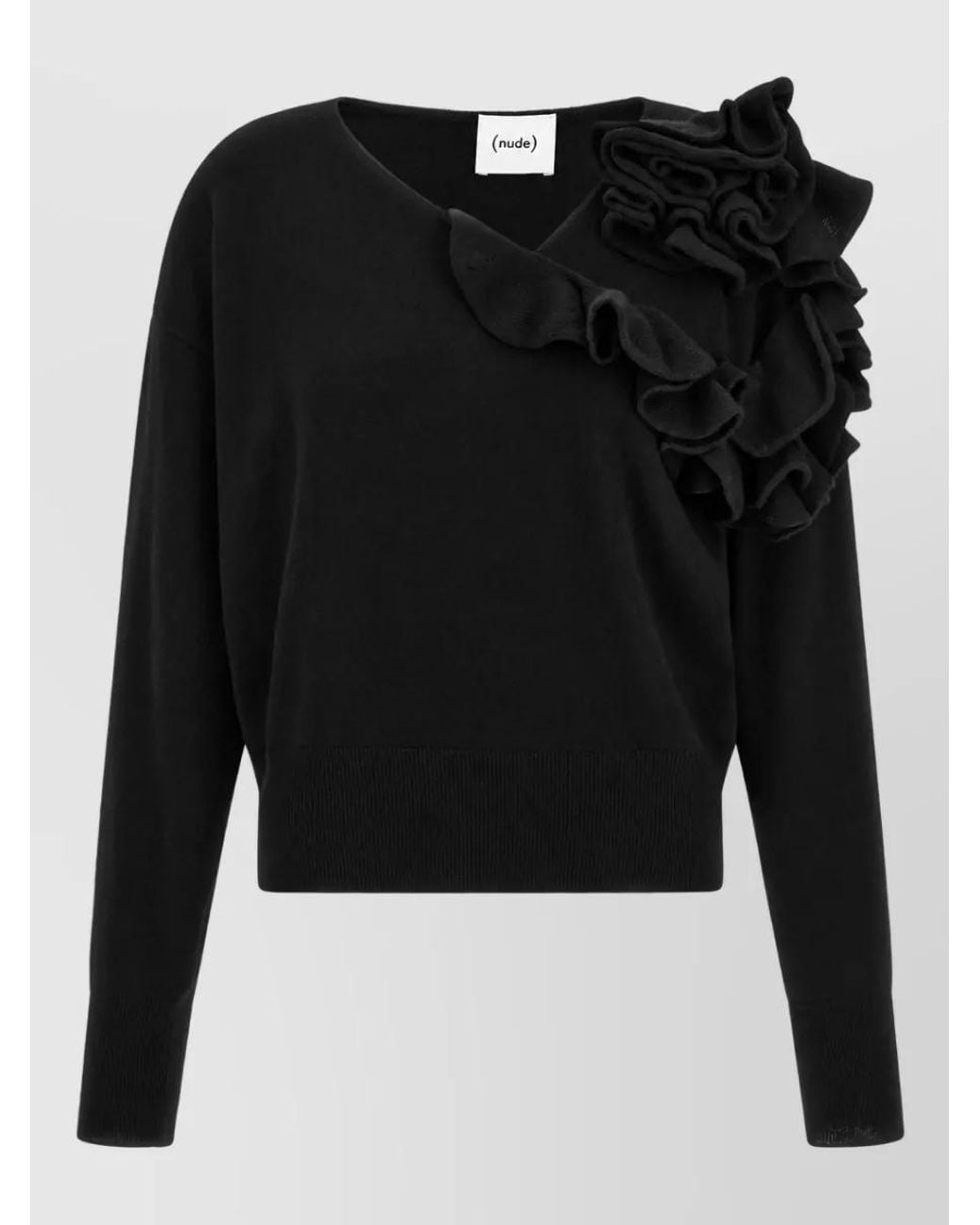 Nude Black Cashmere Wool Asymmetric Ruffled Long-Sleeve Sweater