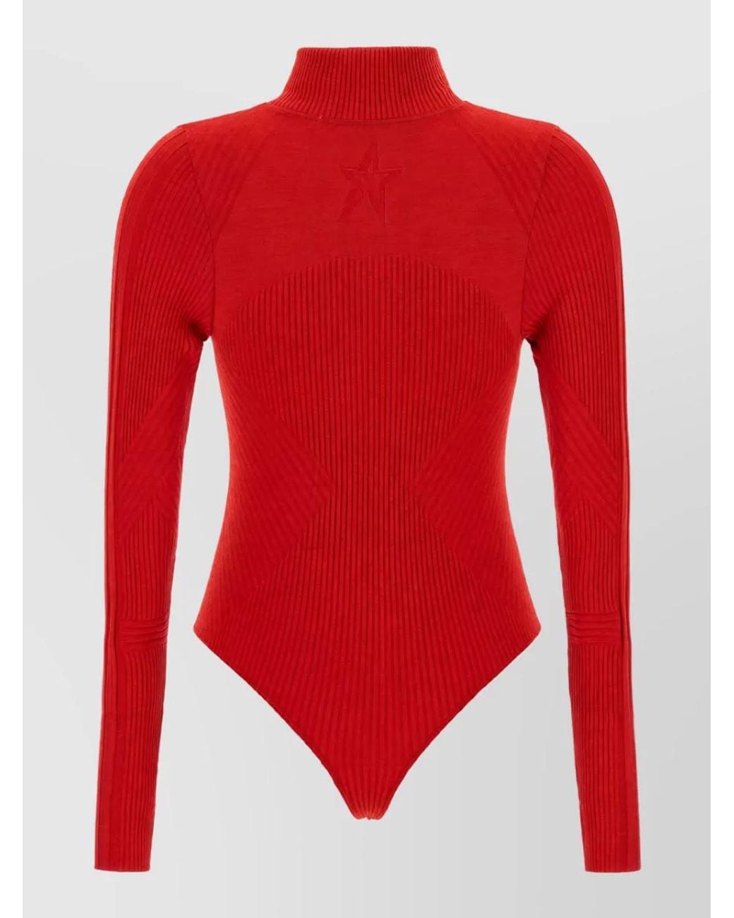 Perfect Moment Red Ribbed Wool Blend High Neck Long Sleeve Bodysuit