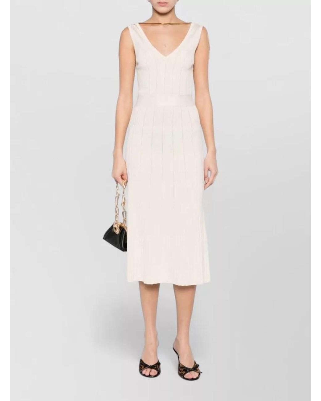Elisabetta Franchi White Ribbed Knit V-Neck Sleeveless Midi Dress