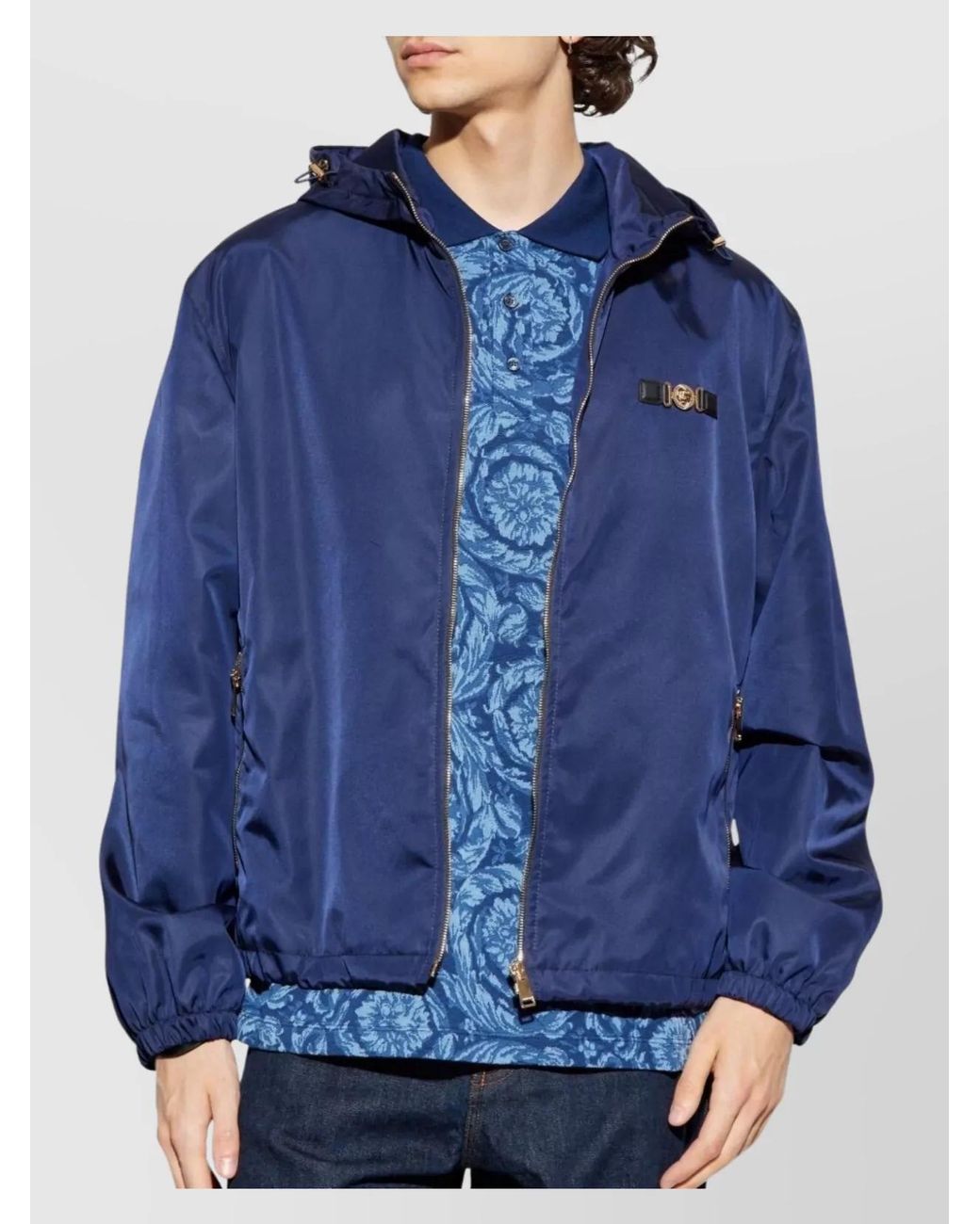 Versace Blue Logo Patch Hooded Jacket for men