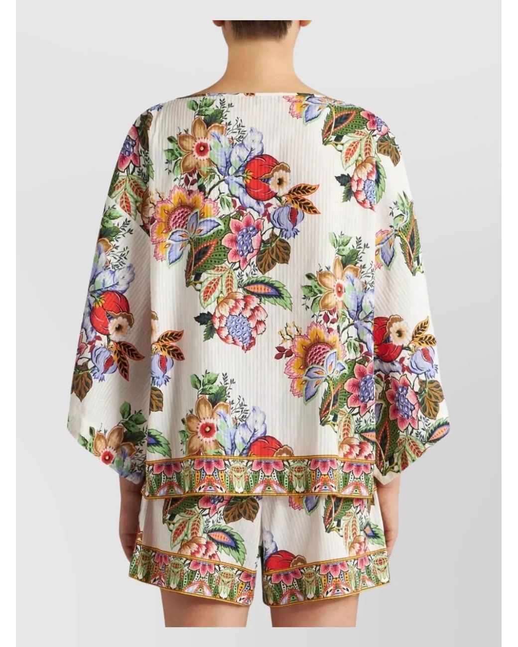 Etro Gray Silk Floral-Print Gathered Tie-Neck Top