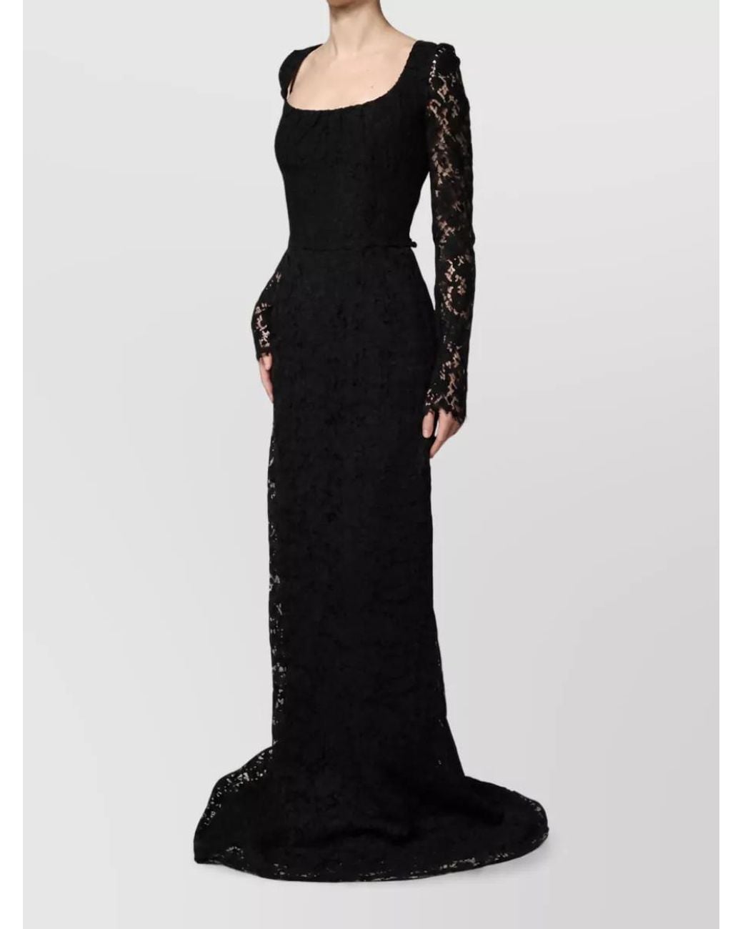 Dolce & Gabbana Black Lace Square Neck Long-Sleeve Maxi Gown