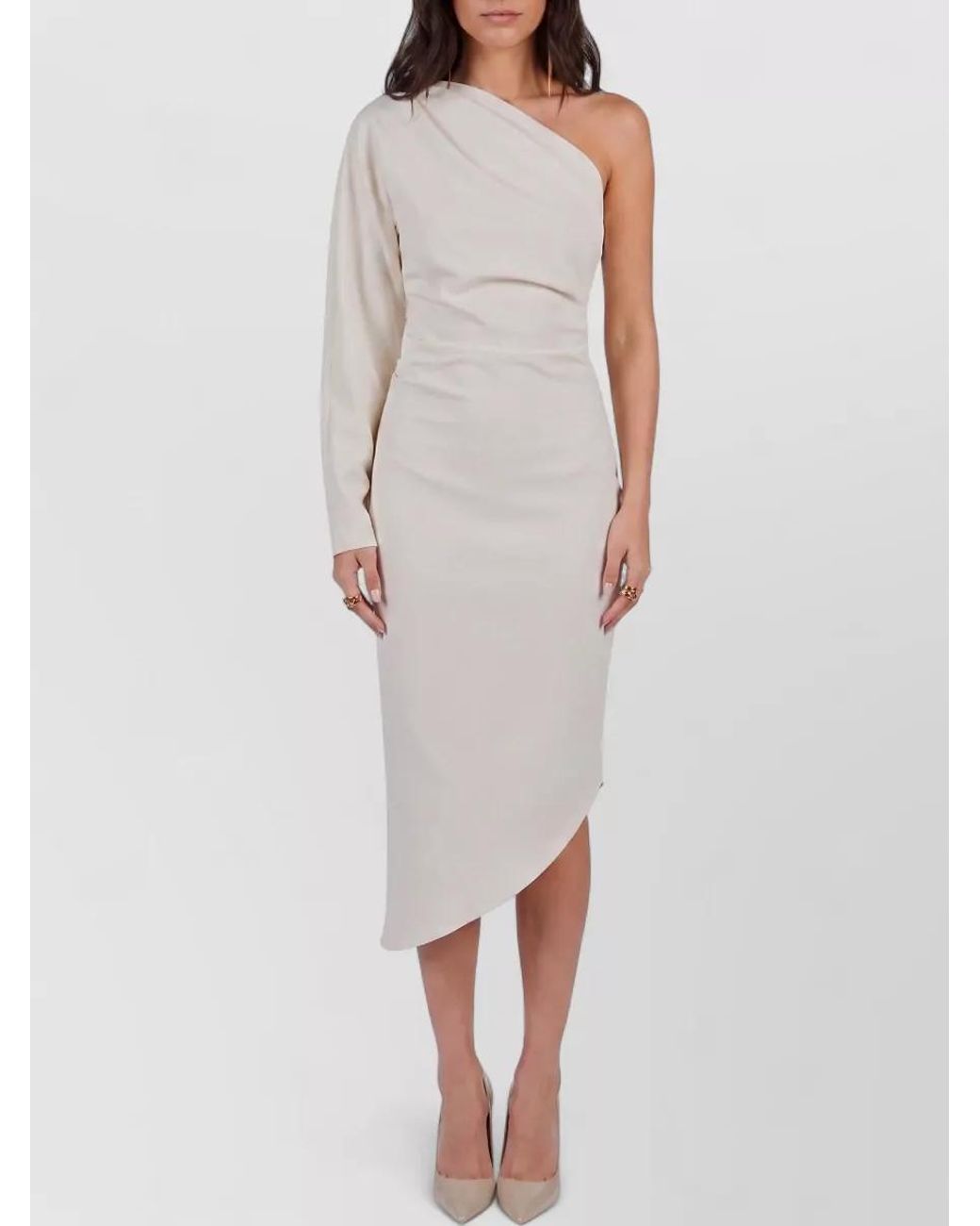 FEDERICA TOSI White One-Shoulder Long-Sleeve Asymmetric Draped Midi Dress