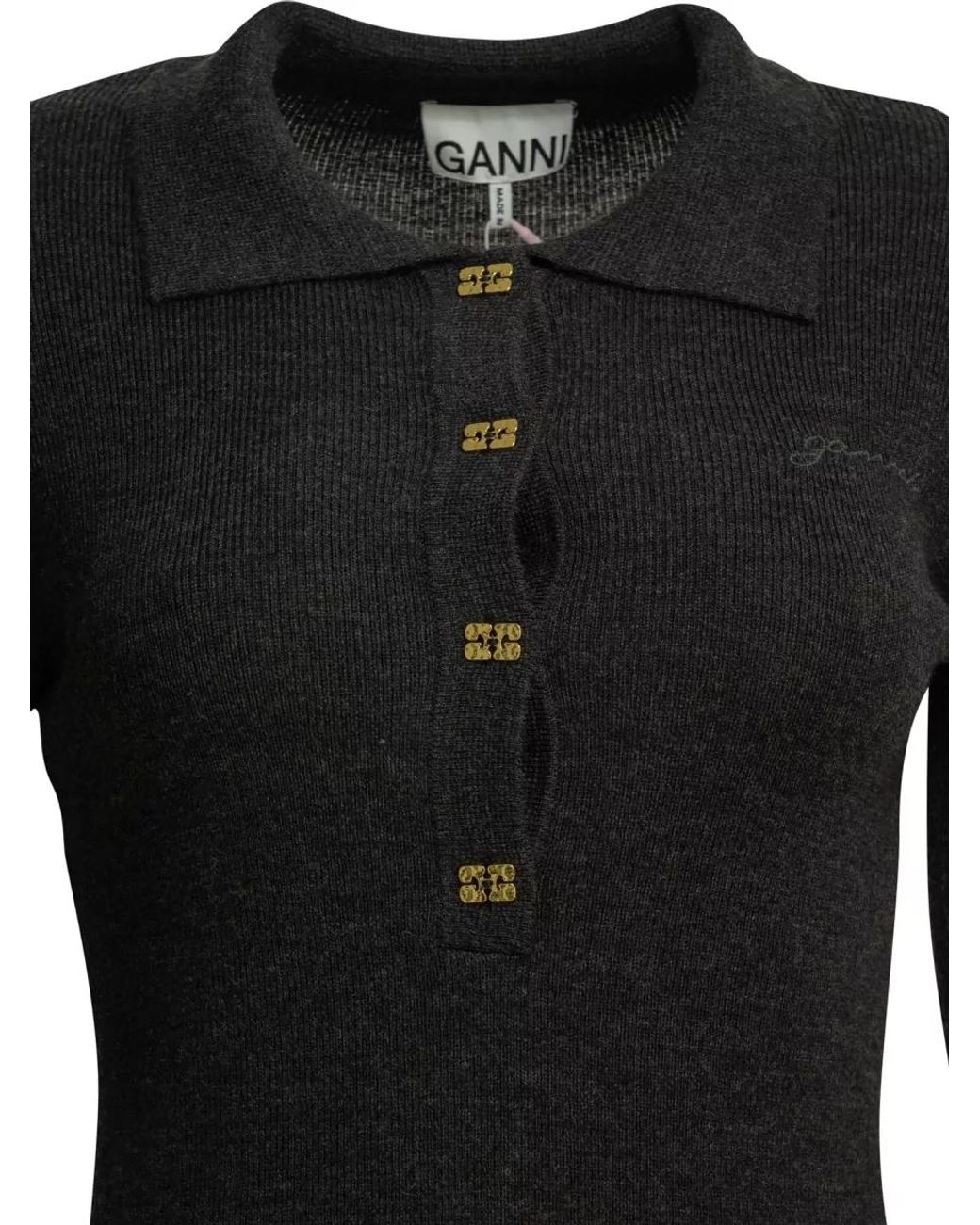 Ganni Black Wool Slim-Fit Polo Sweater