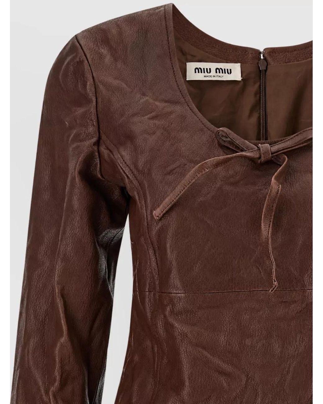 Miu Miu Brown Leather Long-Sleeve Mini Dress