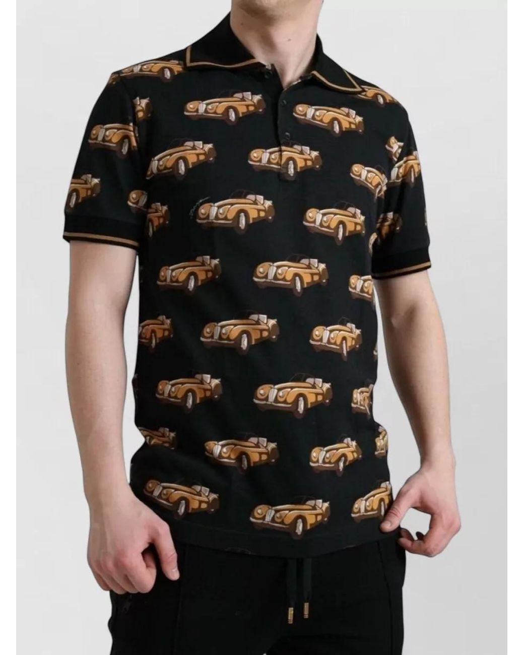 Dolce & Gabbana Black Cotton Car Print Short-Sleeve Polo Shirt for men