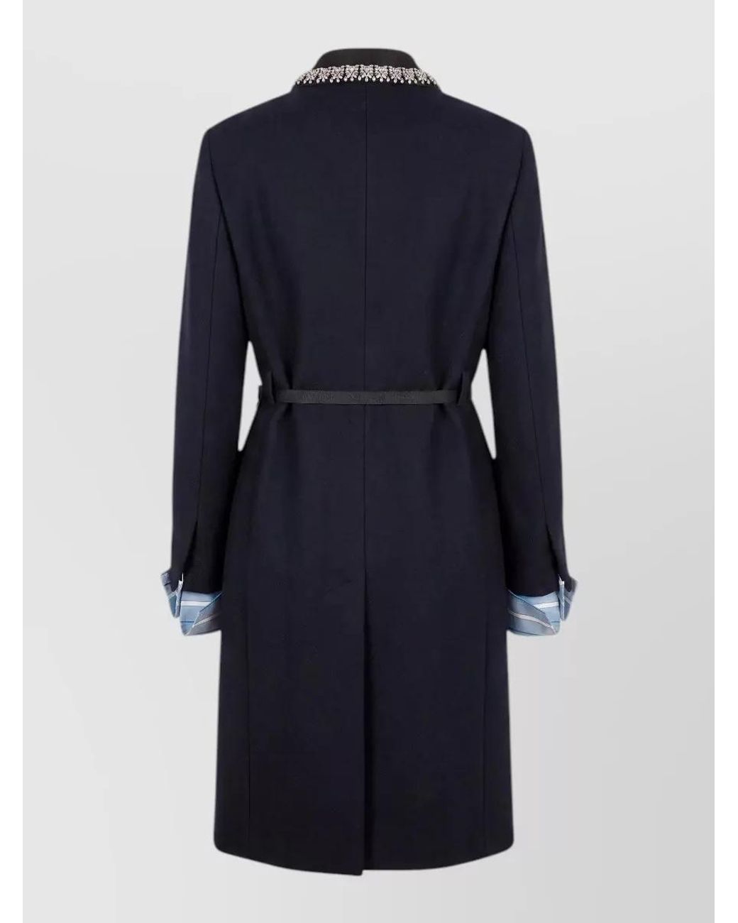 Prada Blue Virgin Wool Crystal Embellished Belted Single Breasted Coat