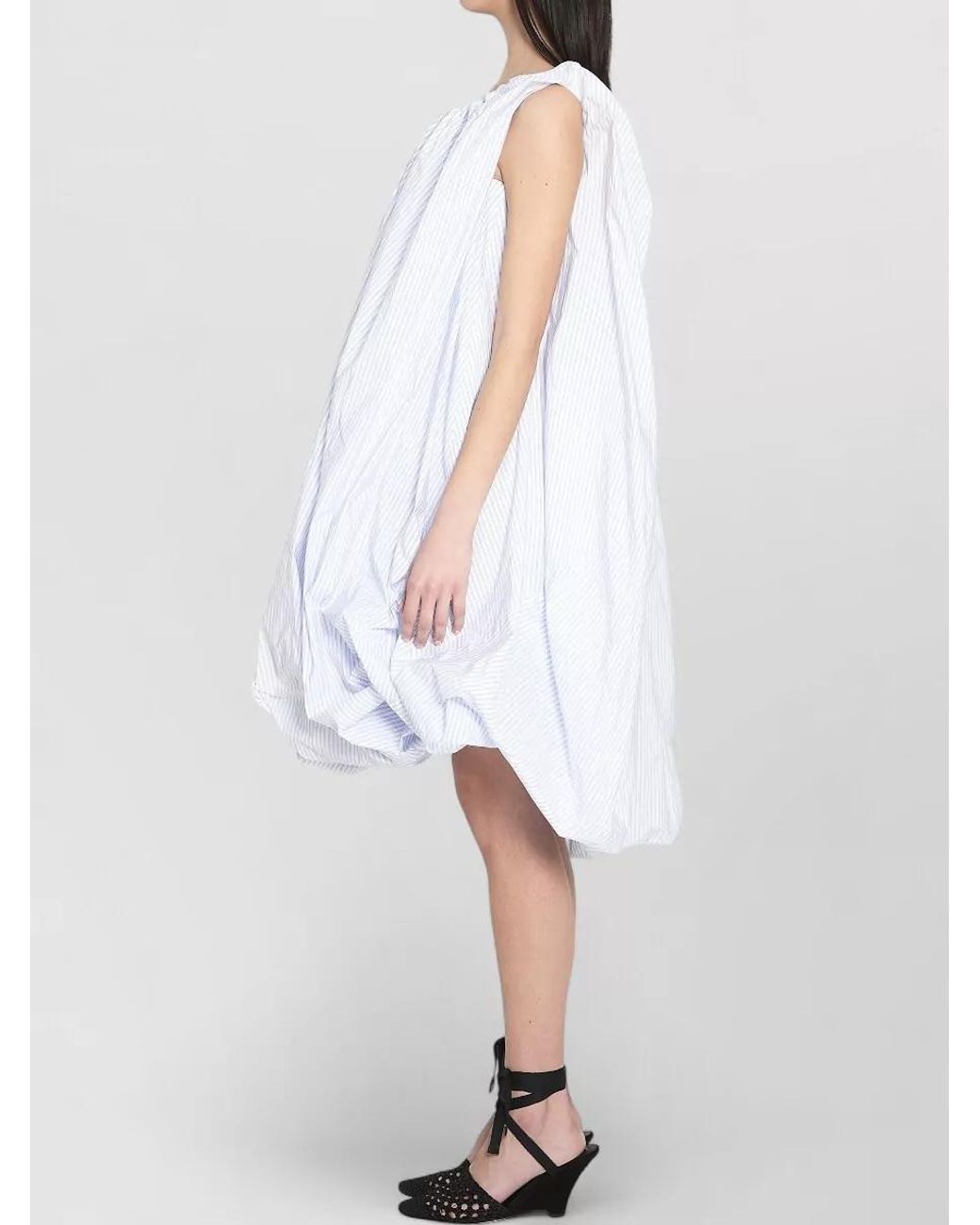 Jacquemus White Striped Off-The-Shoulder Draped Gathered Balloon-Hem Midi Dress
