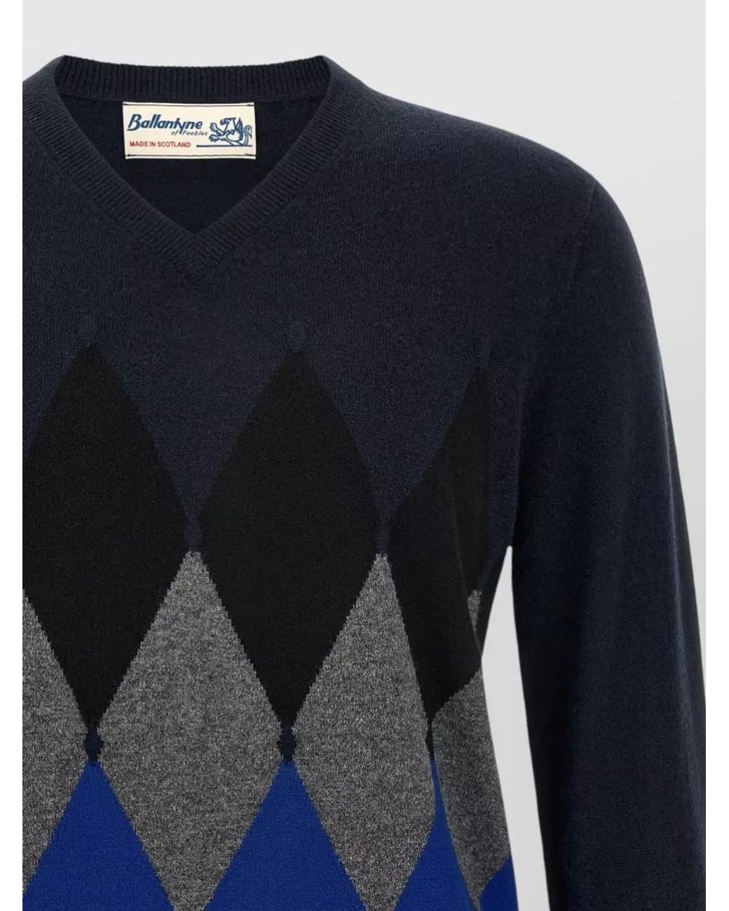 Ballantyne Blue Cashmere Diamond Intarsia Crewneck Sweater for men