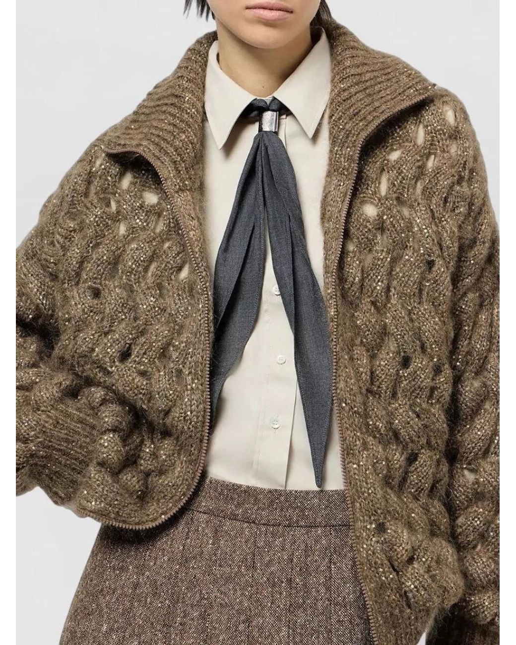 Brunello Cucinelli Brown Ribbed Sequined Mohair Blend Cardigan