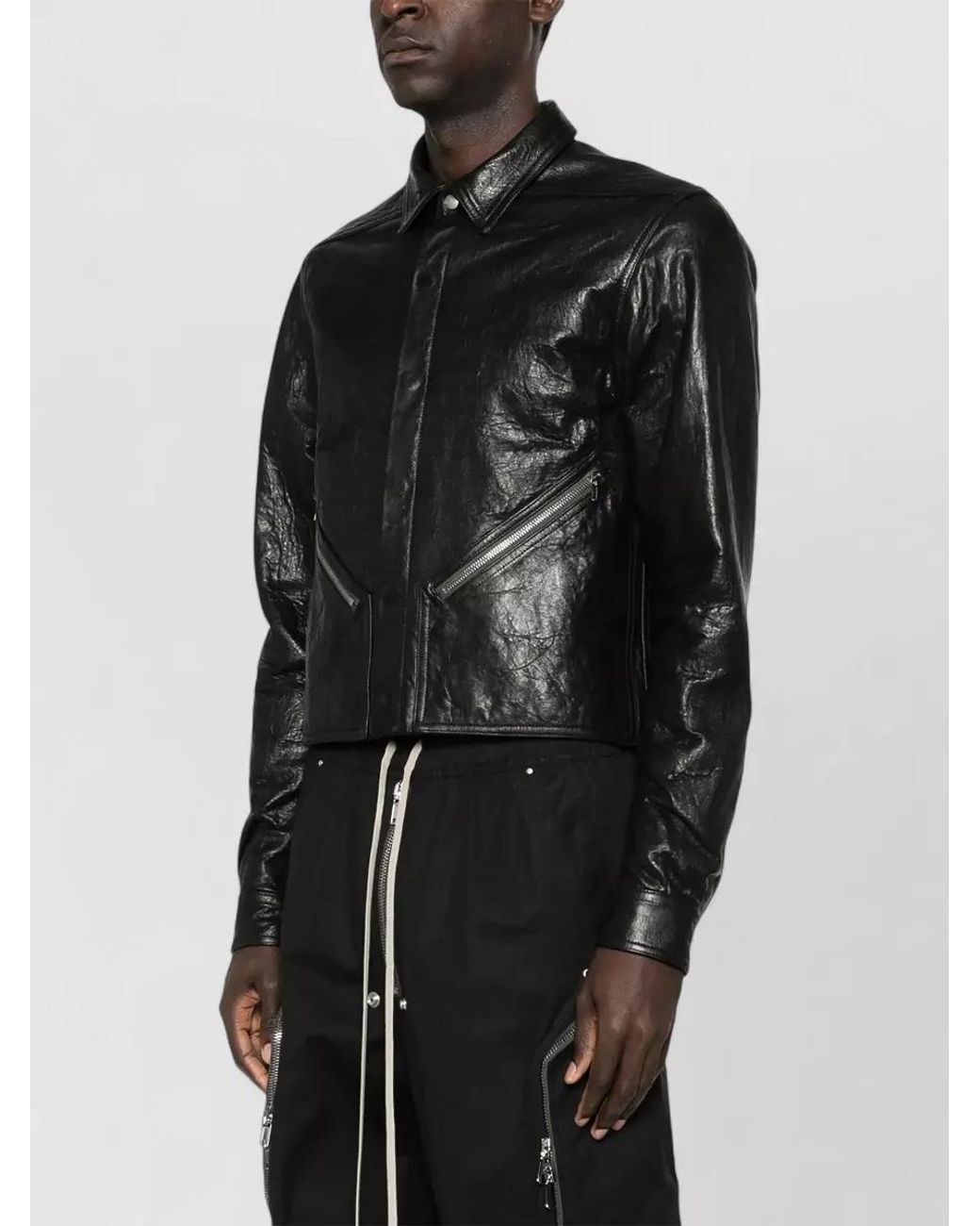 Rick Owens Black Leather Long-Sleeve Shirt Jacket for men