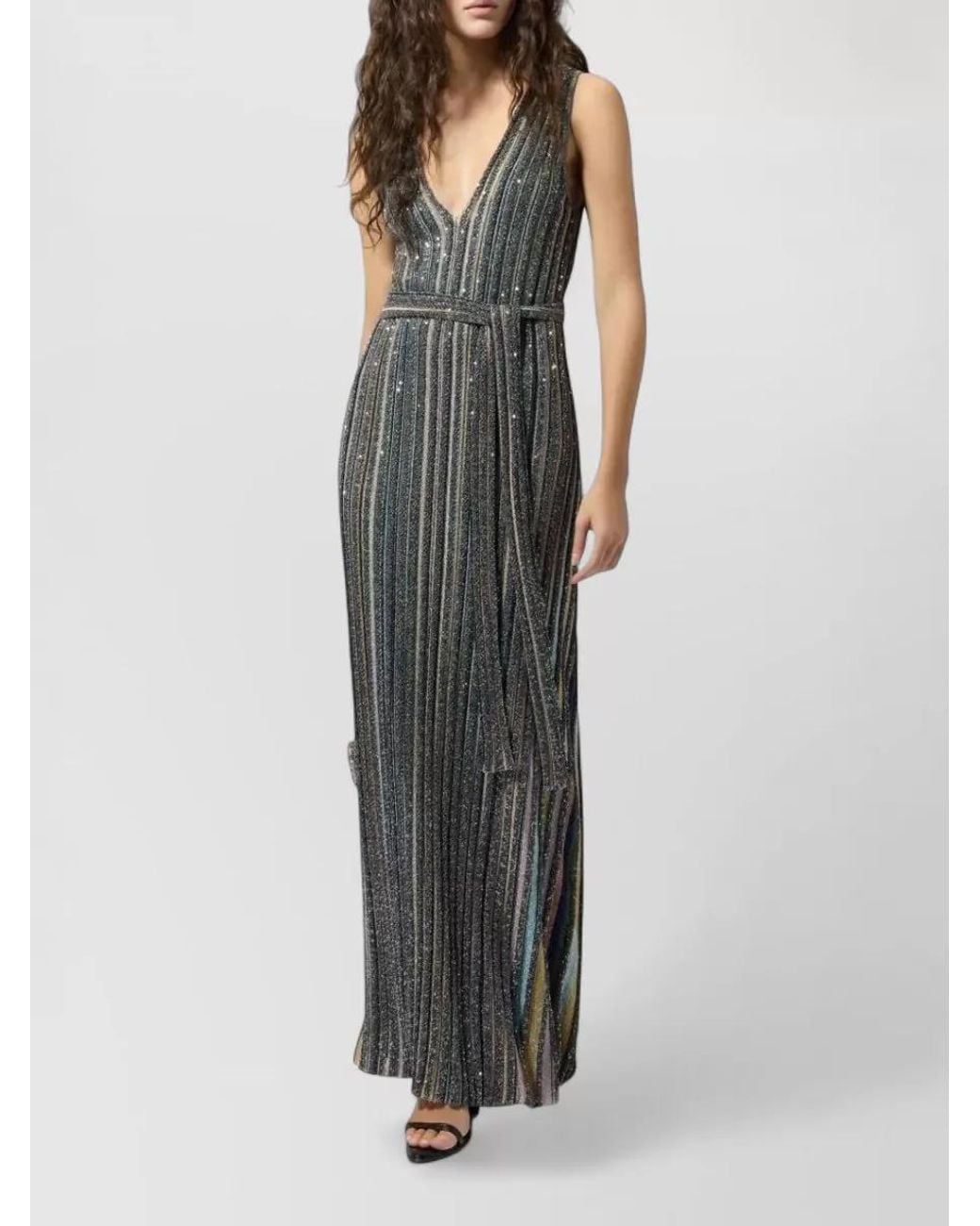 Missoni Multicolor Striped Sequin Sleeveless V-Neck Belted Maxi Dress