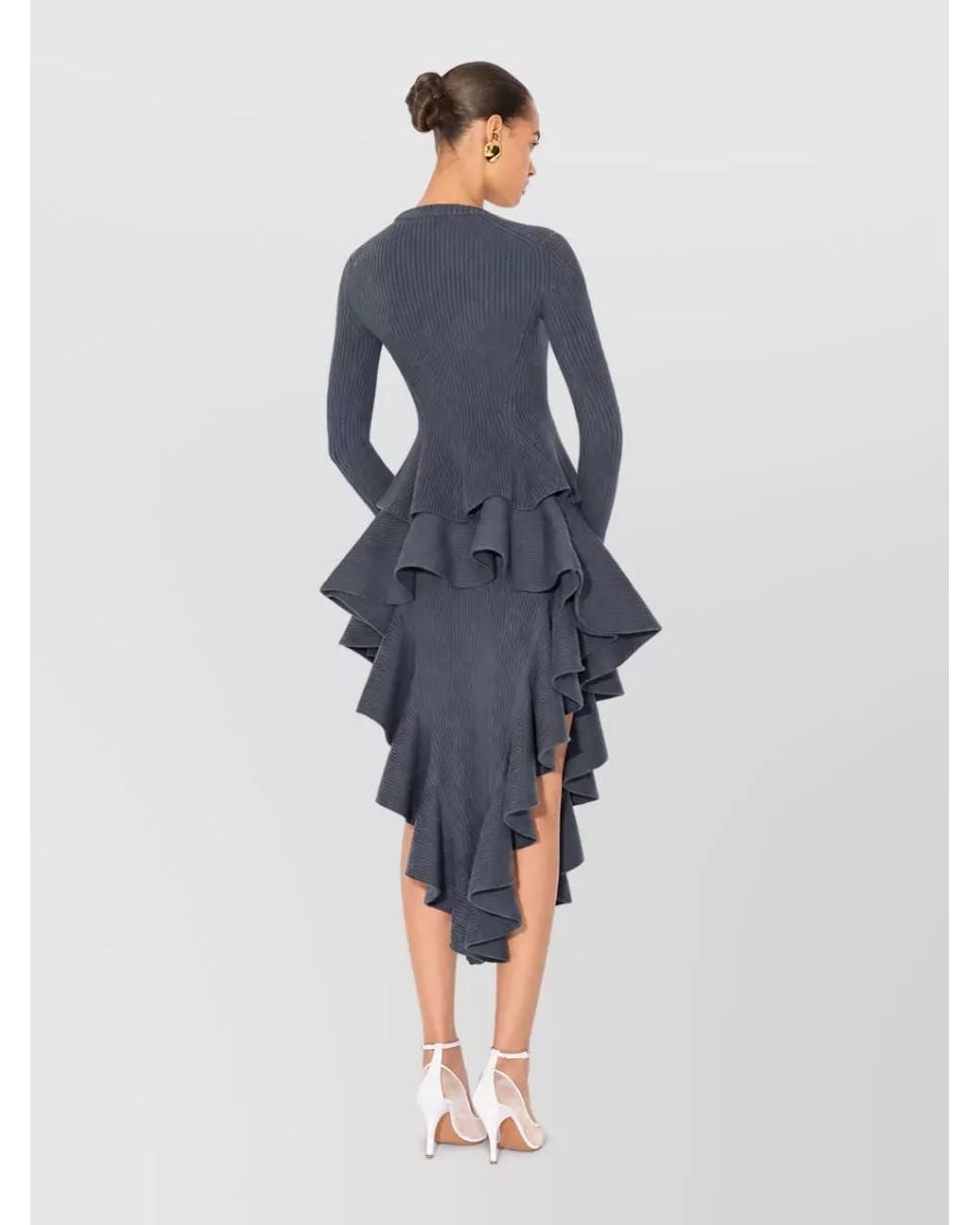 Alaïa Blue Ribbed Peplum Long-Sleeve Top