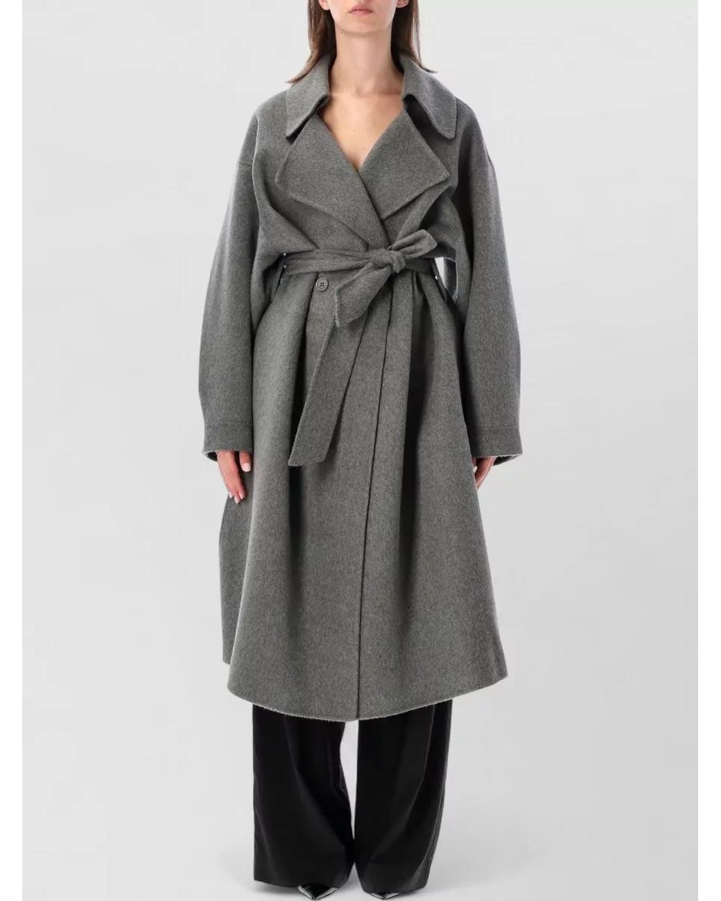 Frankie Shop Gray Wool Oversized Double-Breasted Belted Trench Coat