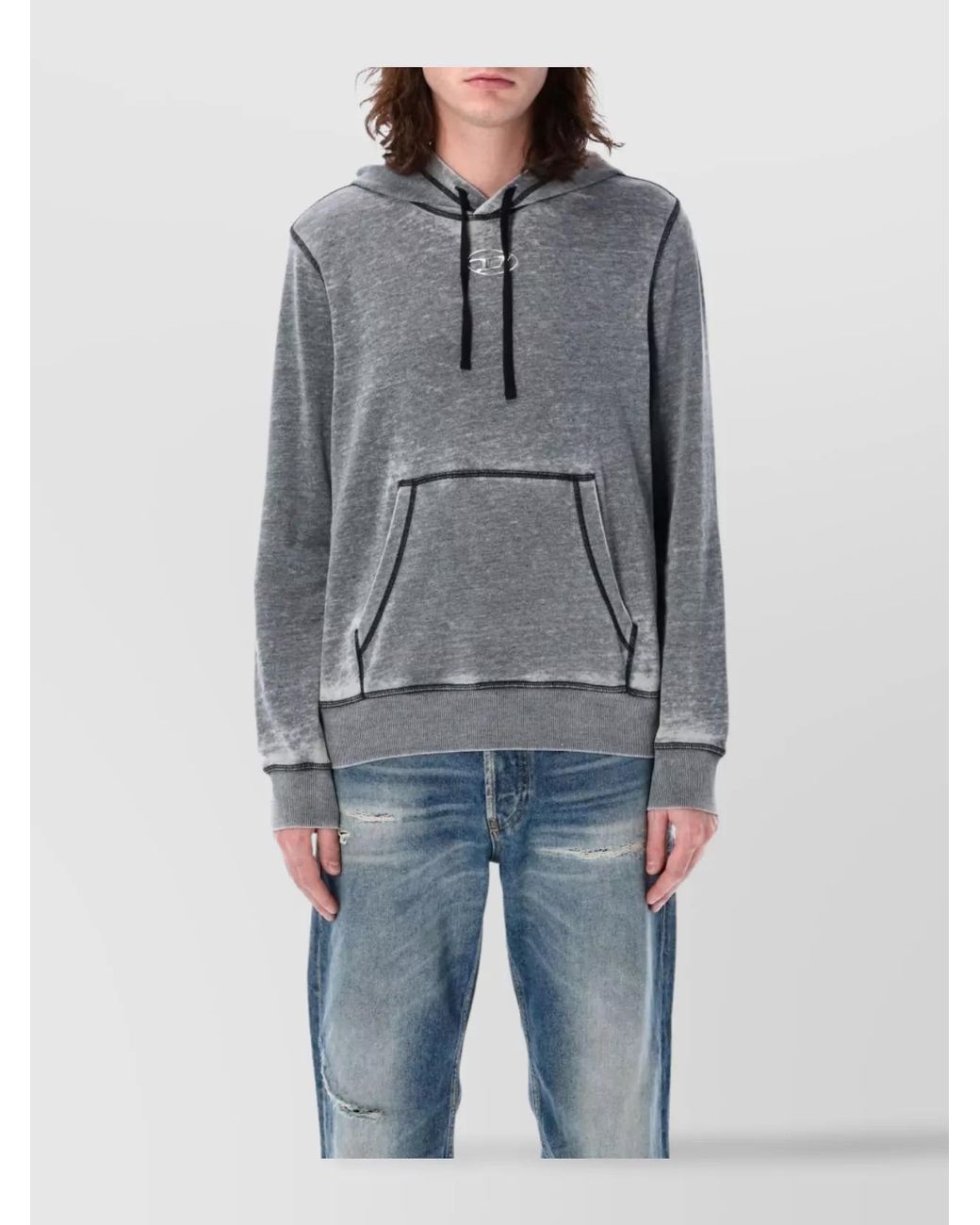 DIESEL Gray Hooded Sweater With Kangaroo Pocket And Ribbed Finish for men