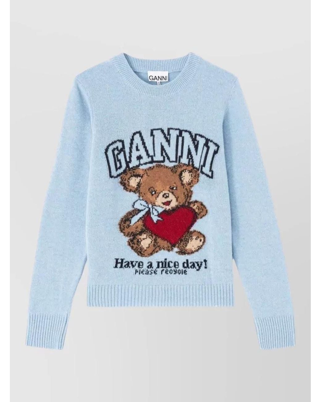 Ganni Blue Wool Graphic-Print Crew-Neck Jumper
