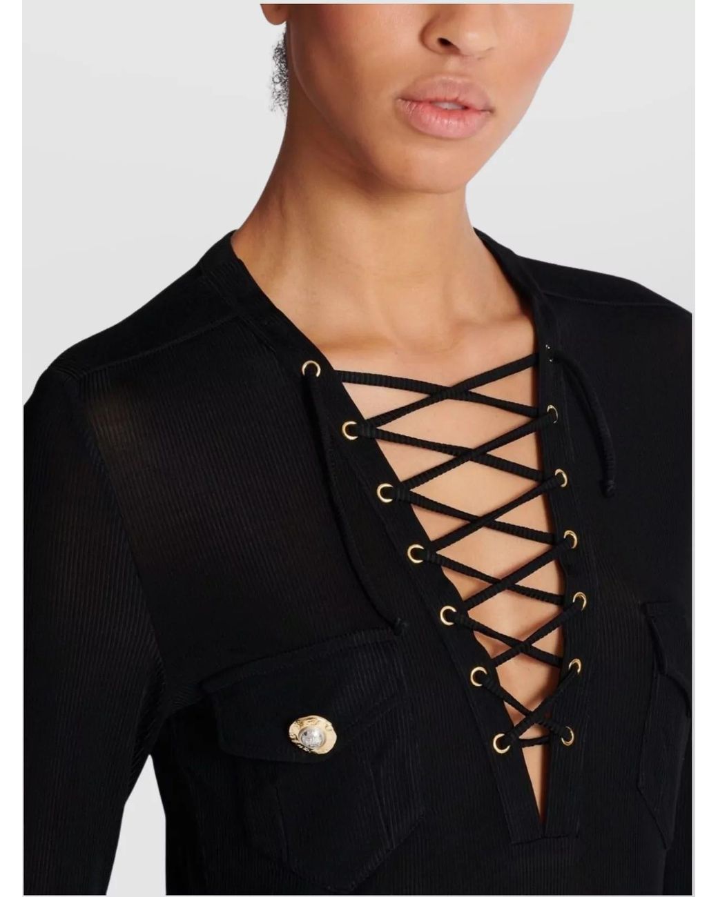 Balmain Black V-Neck Lace-Up Long-Sleeve Blouse