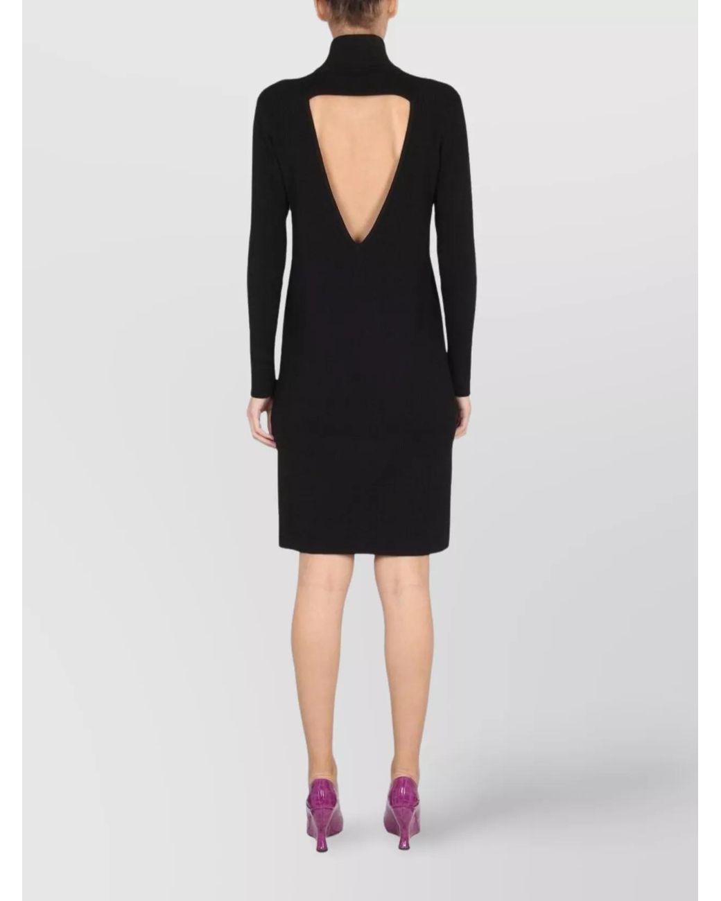 Bottega Veneta Black Ribbed Knit High-Neck Knee-Length Dress