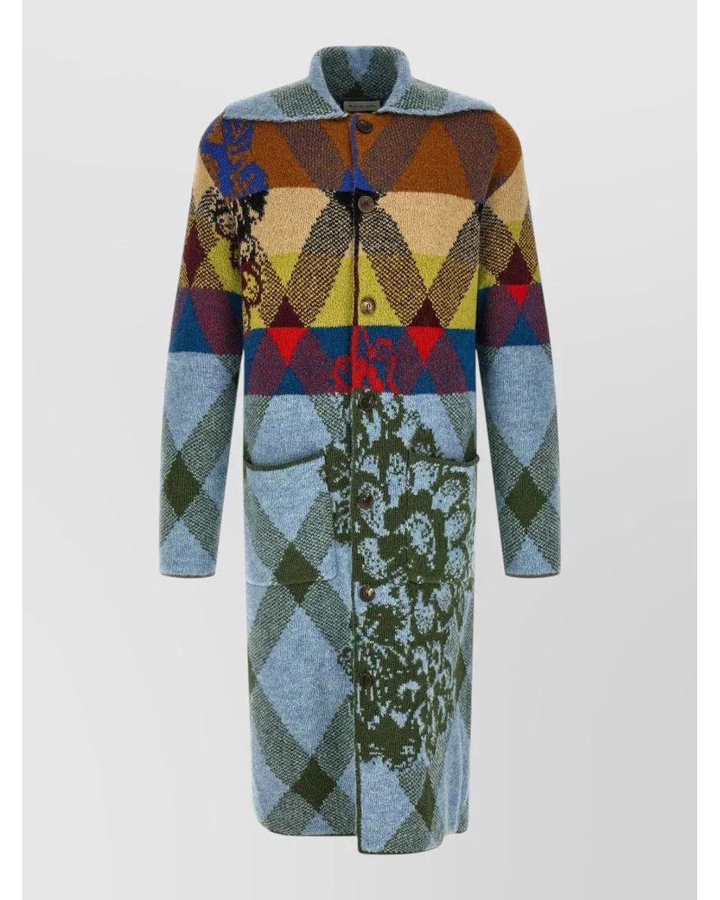 Dries Van Noten Blue Wool Alpaca Oversized Knee-Length Shawl-Collar Patterned Cardigan for men
