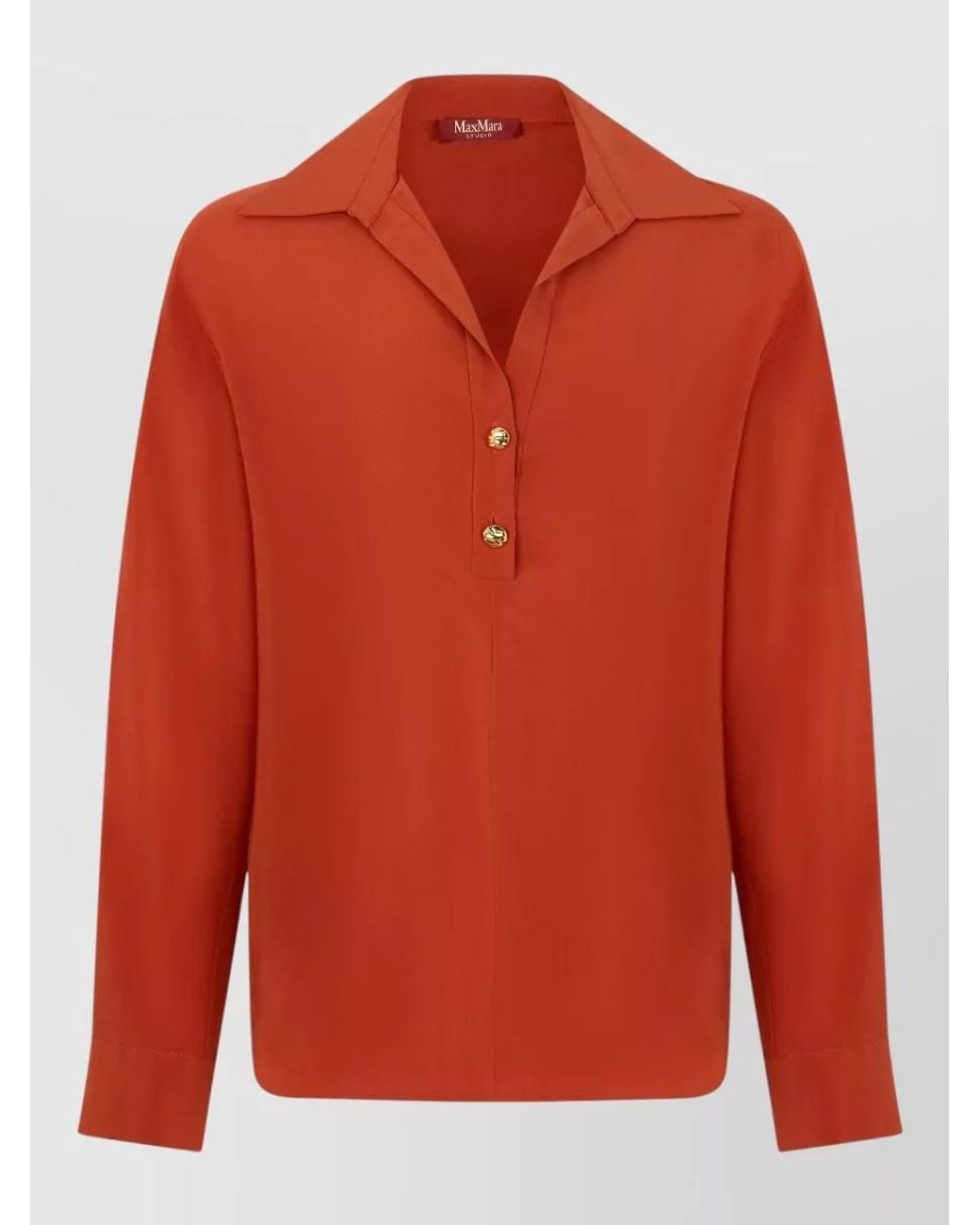 Max Mara Red Silk V-Neck Long-Sleeve Blouse