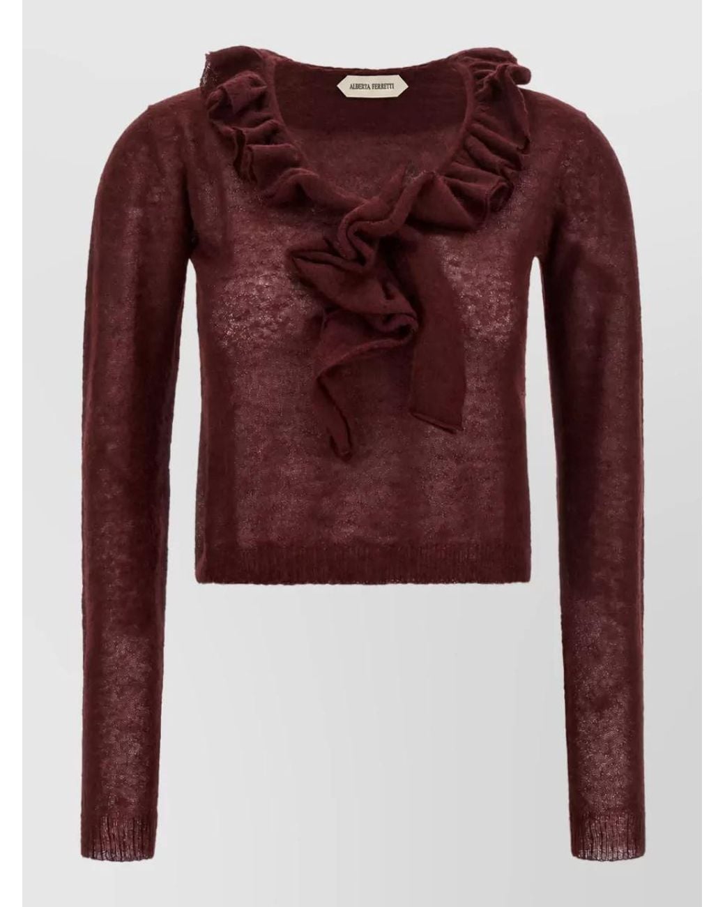 Alberta Ferretti Red Ruffled Cropped V-Neck Mohair-Blend Sweater