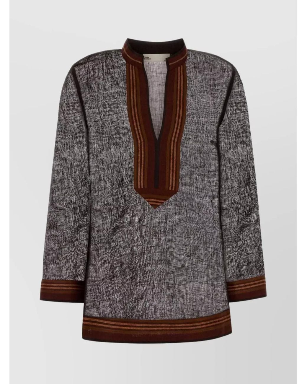 Tory Burch Gray Linen Striped V-Neck Long-Sleeve Tunic