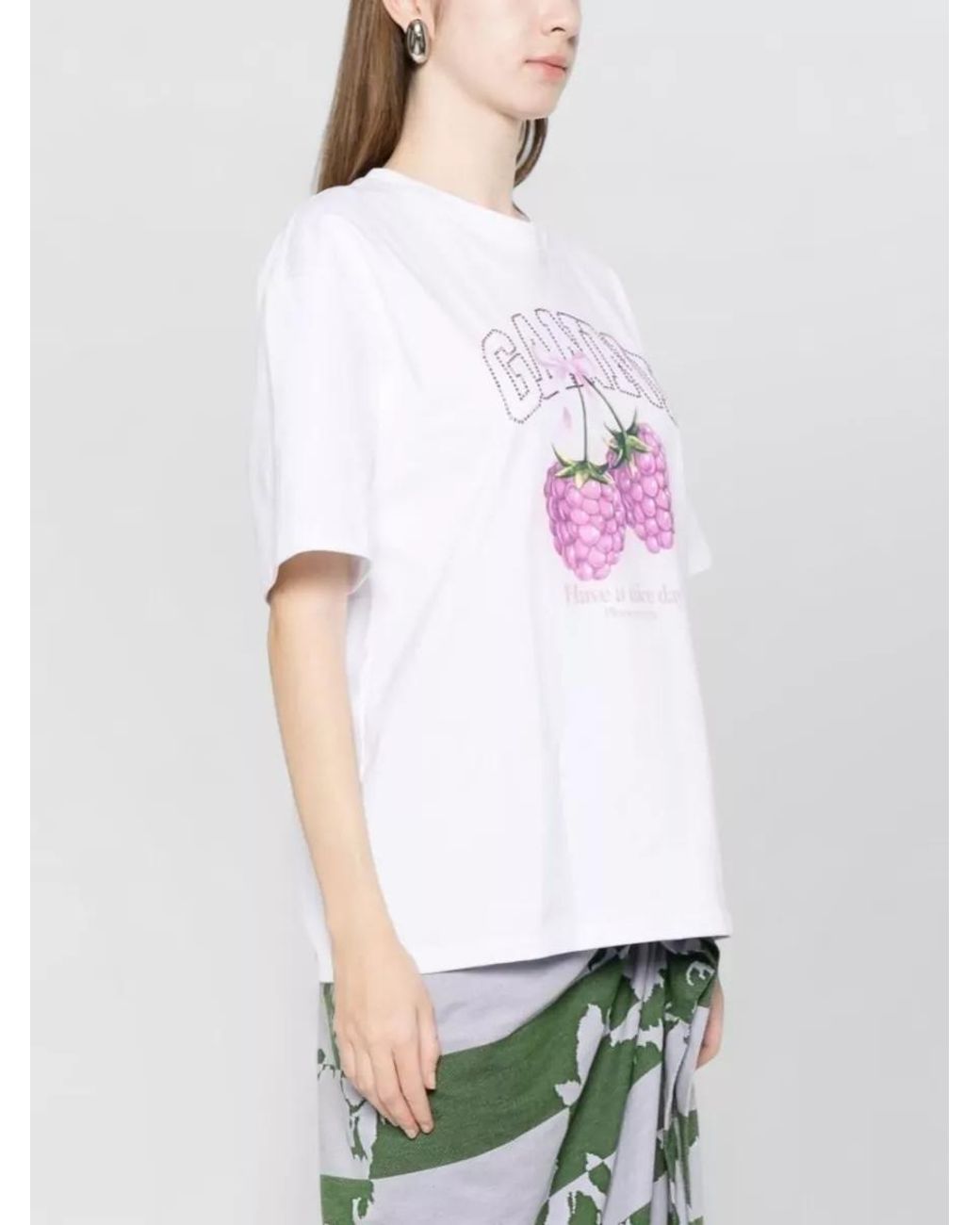 Ganni White Organic Cotton Raspberry Print Oversized T-Shirt