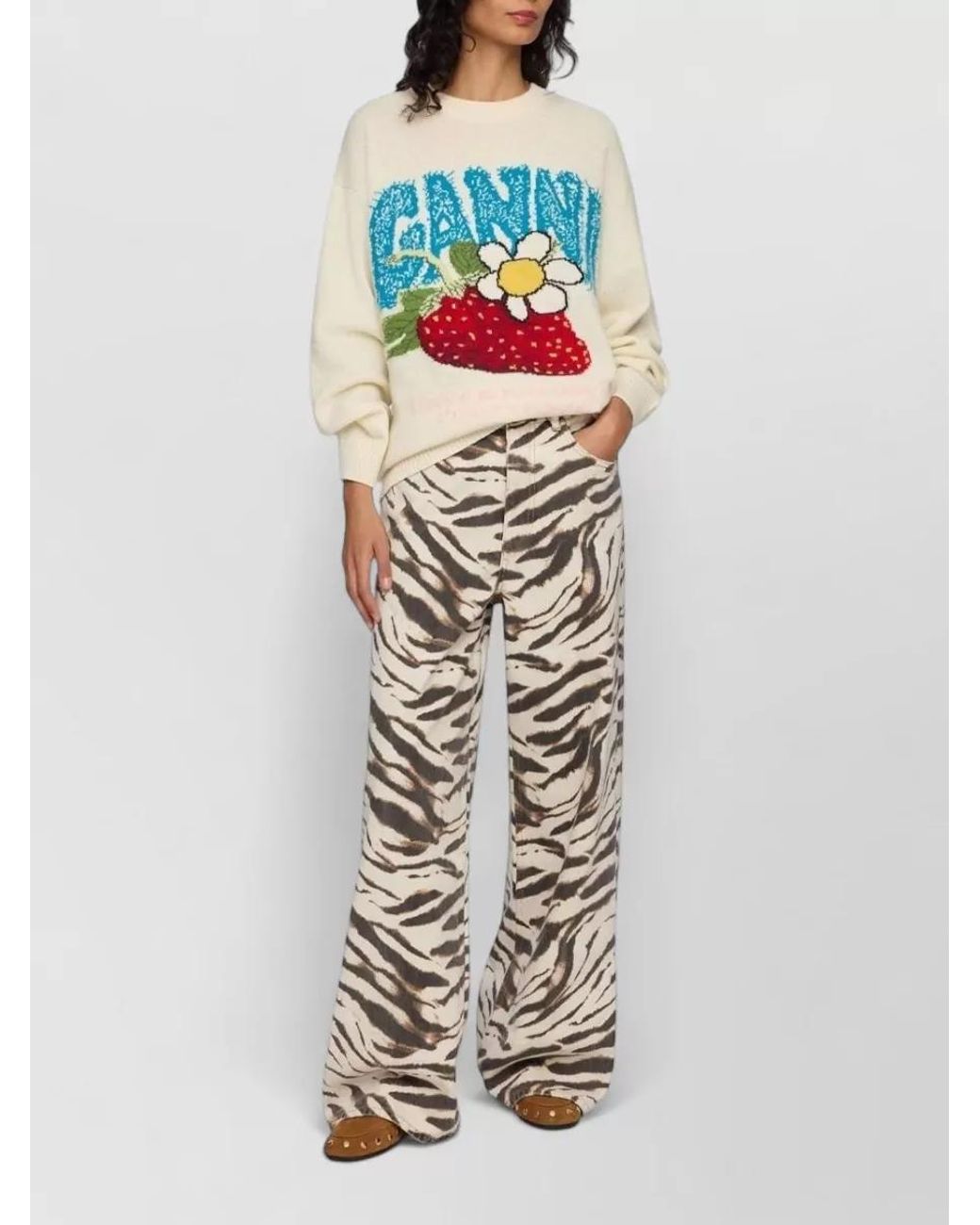 Ganni Blue Wool Oversized Strawberry Intarsia Crewneck Sweater